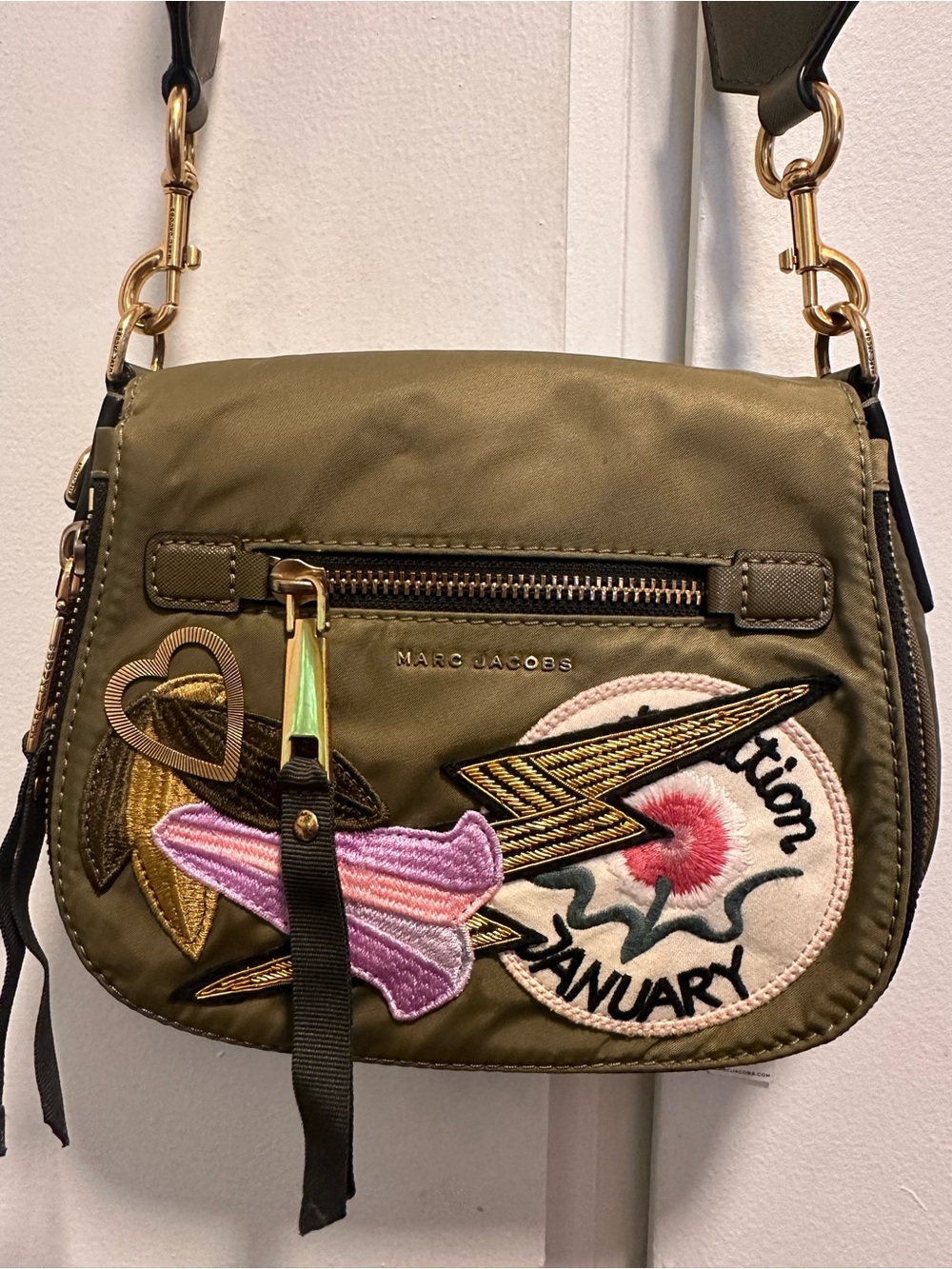 Marc Jacobs Olive Green Patchwork Embroidered Nylon Crossbody